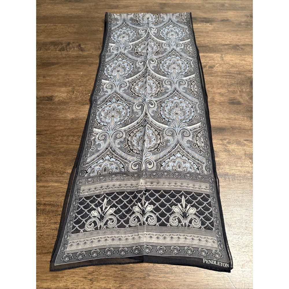 PENDLETON Blue Black Gray Sheer Rectangular Oblong Paisley Silk Scarf 10x52"
